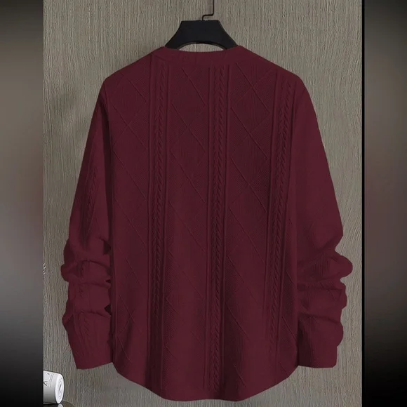 Regular Fit Patched Detail Textured Knit Long Sleeve Round Burgundy Neck Top L - Picture 3 of 14